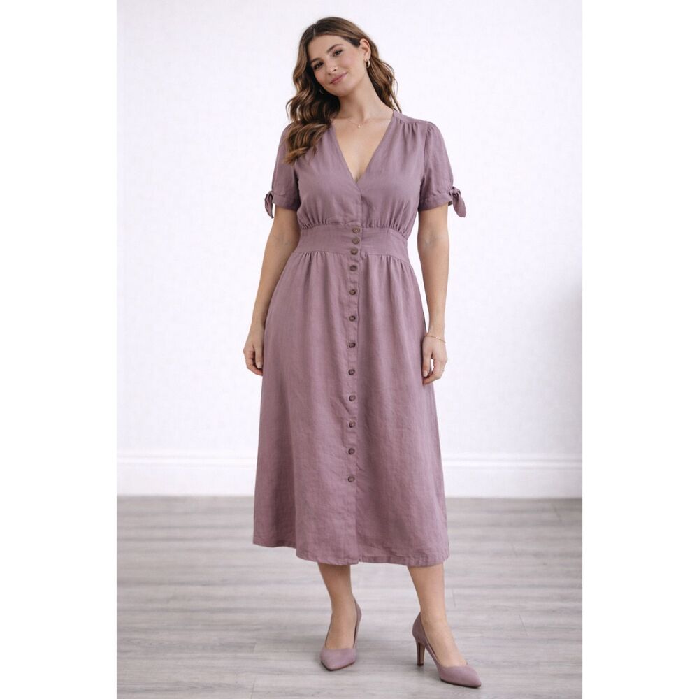 Linen Blend Dress Buffalo David Bitton Mauve V-neck Button Front L